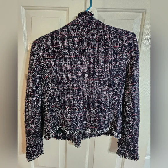 Zara Basic Women’s M Navy Tweed Moto Jacket Fringe Trim Zip Front Bouclé Blazer - Picture 3 of 8